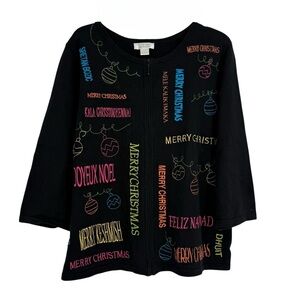 Christopher & Banks Size L Cardigan Christmas Holiday Word Sweater Zip Up Black